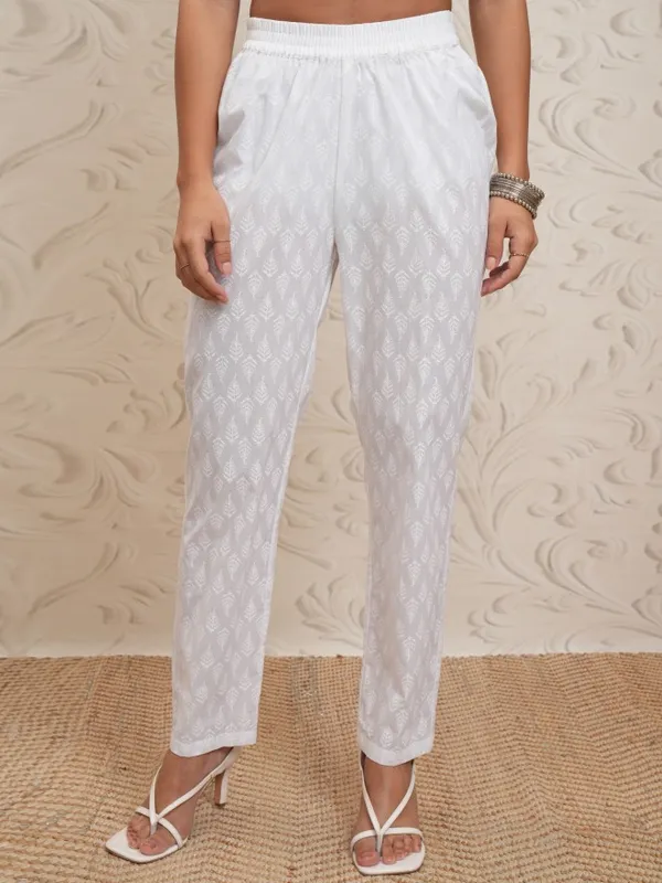 Vishudh Women White Printed Gathered Kurta With Pants And Dupatta