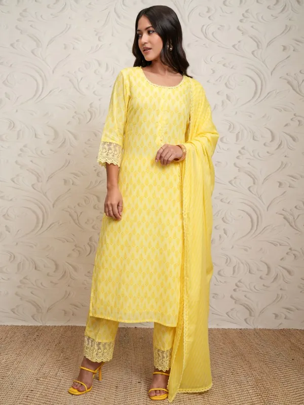 Vishudh Women Yellow Printed Straight Kurta With Pants And Dupatta