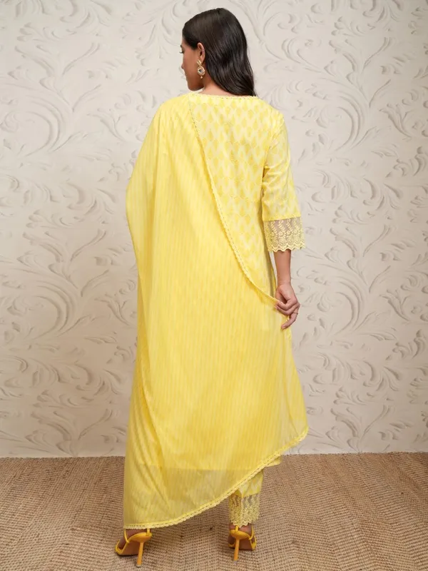 Vishudh Women Yellow Printed Straight Kurta With Pants And Dupatta