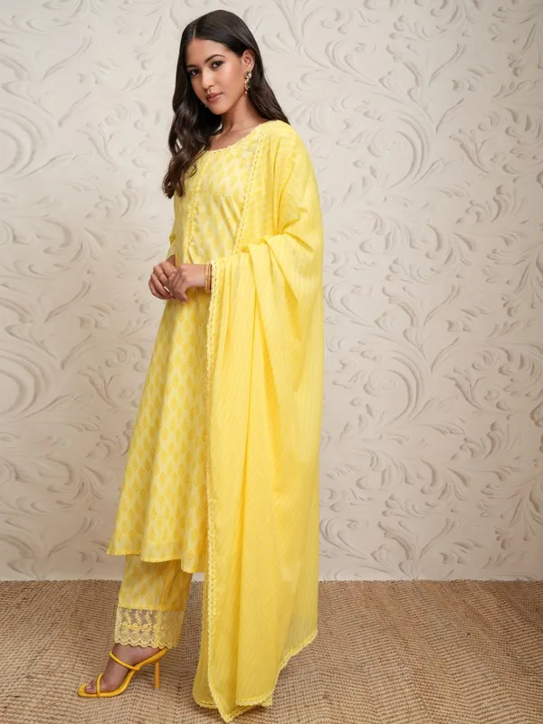 Vishudh Women Yellow Printed Straight Kurta With Pants And Dupatta