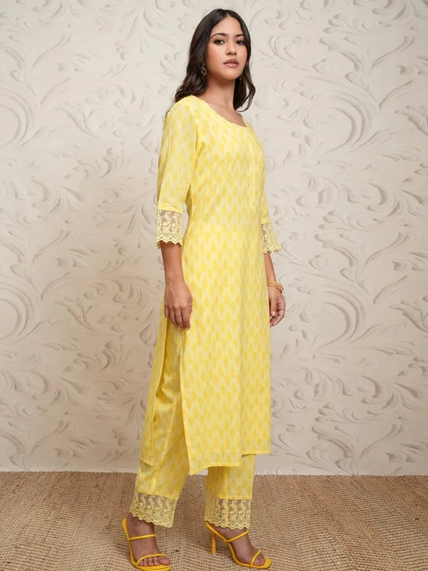 Vishudh Women Yellow Printed Straight Kurta With Pants And Dupatta
