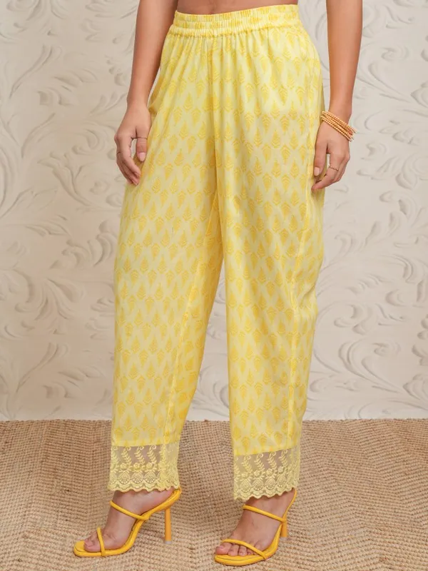 Vishudh Women Yellow Printed Straight Kurta With Pants And Dupatta