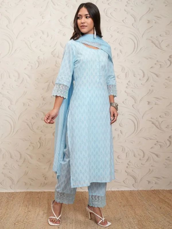 Vishudh Women Sky Blue Printed Straight Kurta With Pants And Dupatta