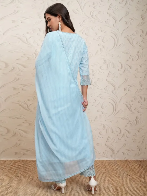 Vishudh Women Sky Blue Printed Straight Kurta With Pants And Dupatta