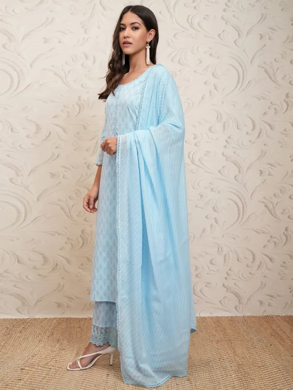 Vishudh Women Sky Blue Printed Straight Kurta With Pants And Dupatta