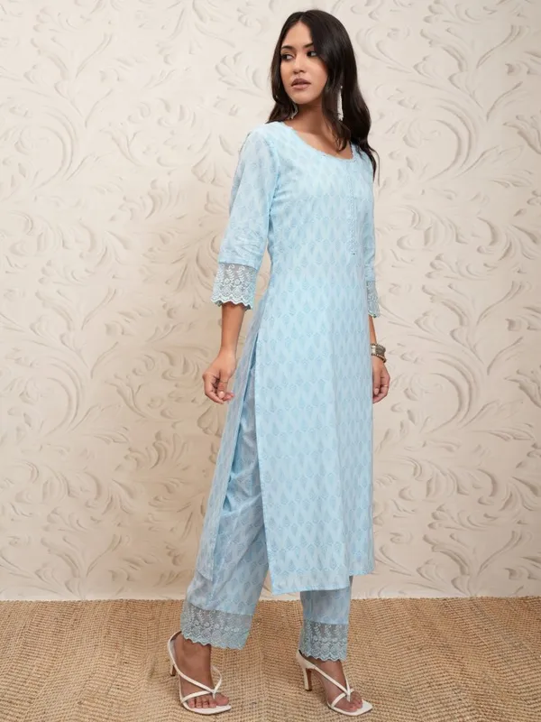 Vishudh Women Sky Blue Printed Straight Kurta With Pants And Dupatta