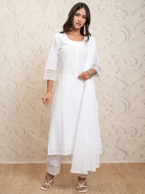 Vishudh Women White Printed Straight Kurta With Pants And Dupatta