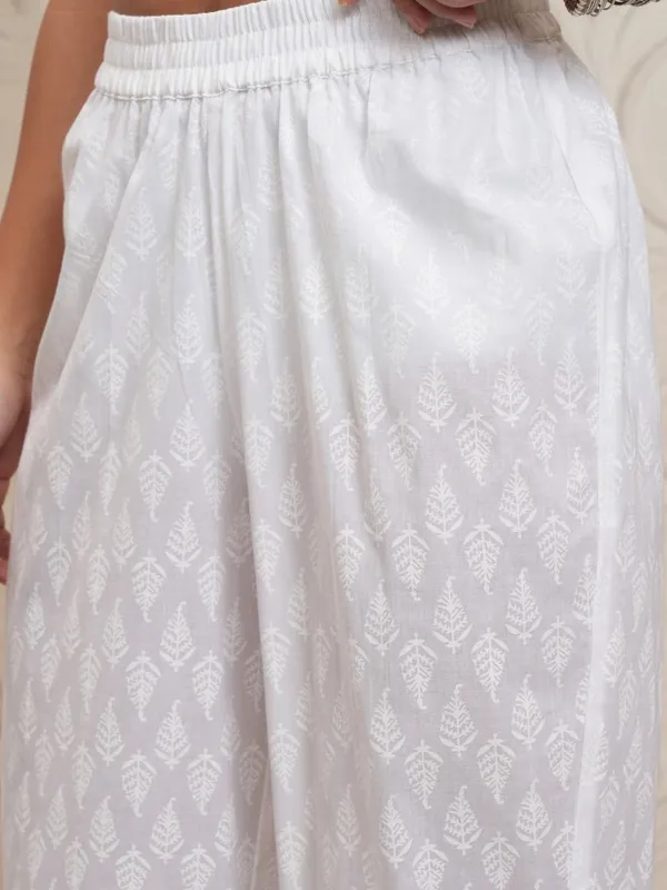 Vishudh Women White Printed Straight Kurta With Pants And Dupatta