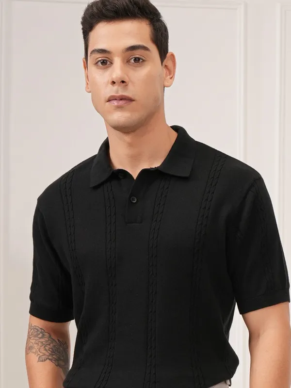 Highlander Men Black Self Design Polo T-Shirt