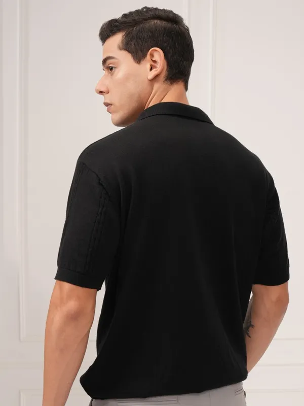Highlander Men Black Self Design Polo T-Shirt