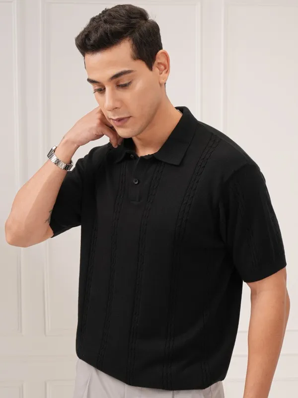 Highlander Men Black Self Design Polo T-Shirt