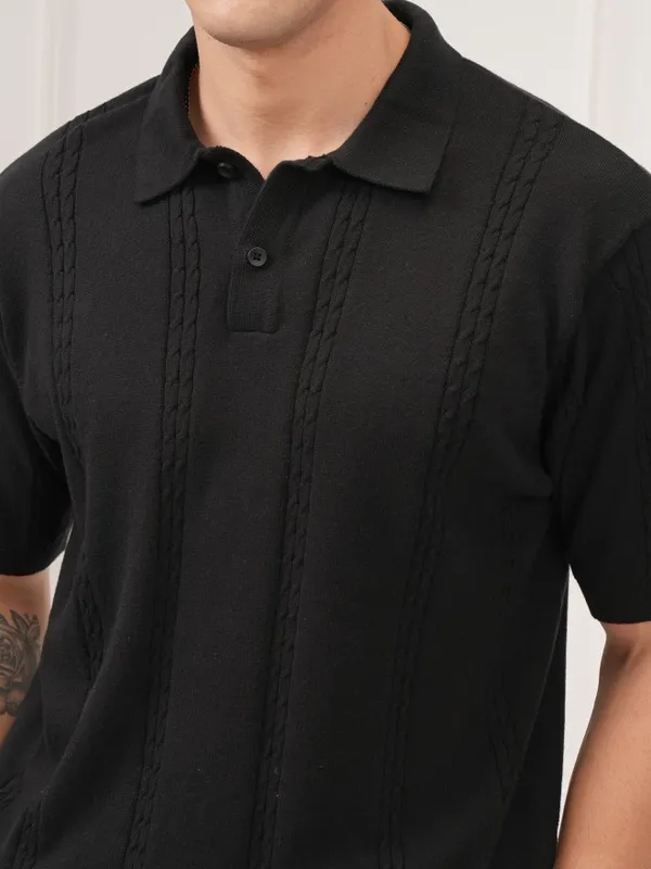 Highlander Men Black Self Design Polo T-Shirt