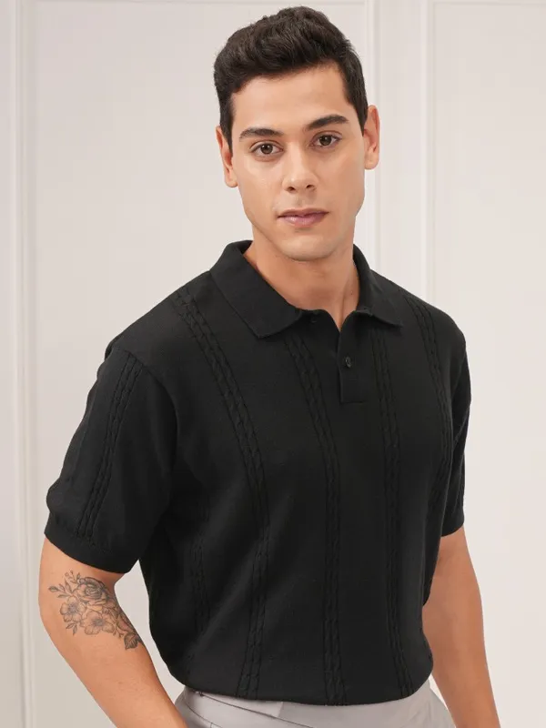 Highlander Men Black Self Design Polo T-Shirt