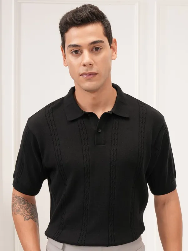 Highlander Men Black Self Design Polo T-Shirt