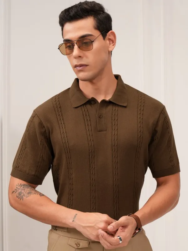 Highlander Men Brown Self Design Polo Collar T-Shirt