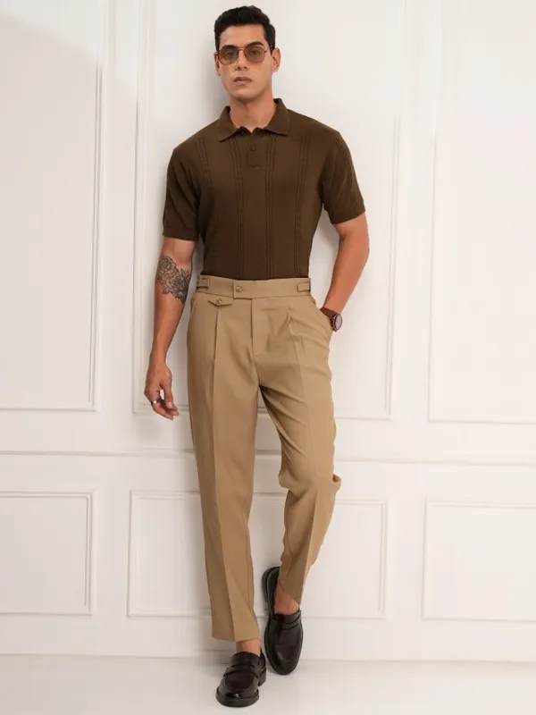 Highlander Men Brown Self Design Polo Collar T-Shirt