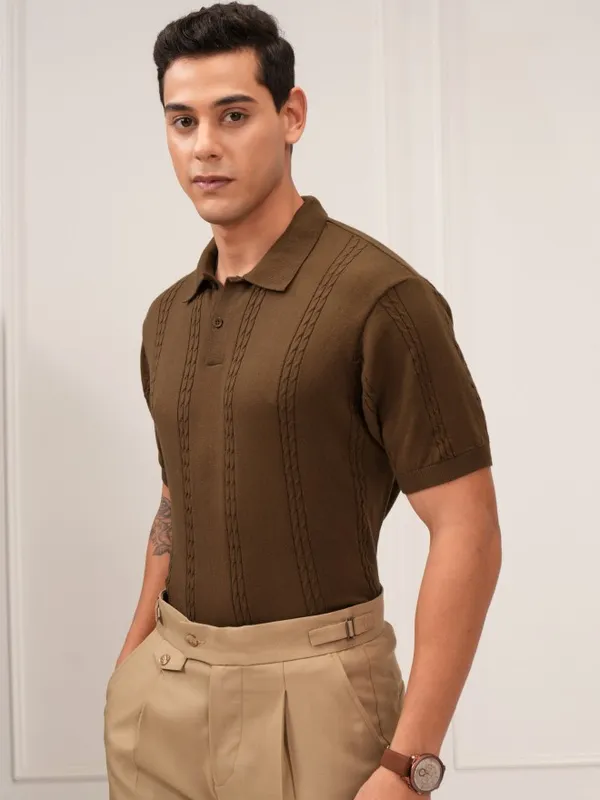 Highlander Men Brown Self Design Polo Collar T-Shirt