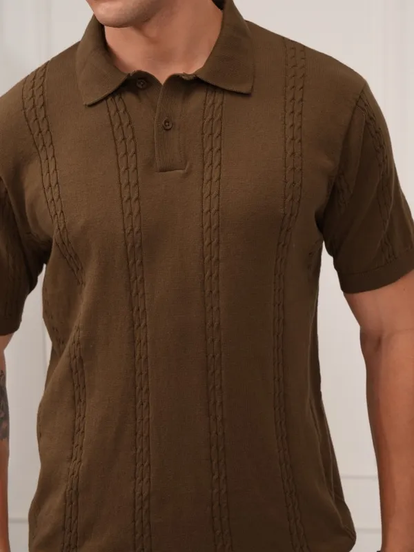 Highlander Men Brown Self Design Polo Collar T-Shirt