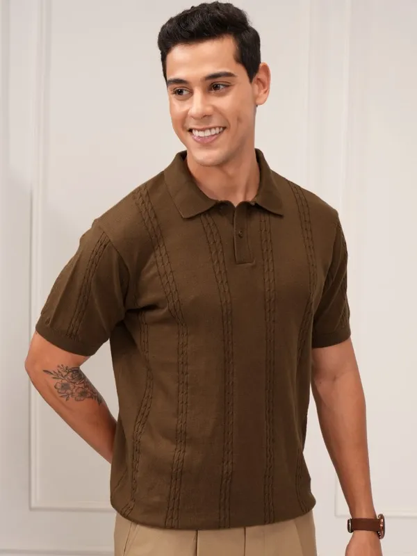 Highlander Men Brown Self Design Polo Collar T-Shirt
