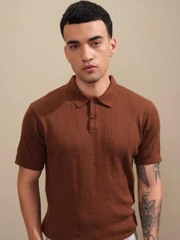 Highlander Men Brown Self Design Polo Collar T-Shirt