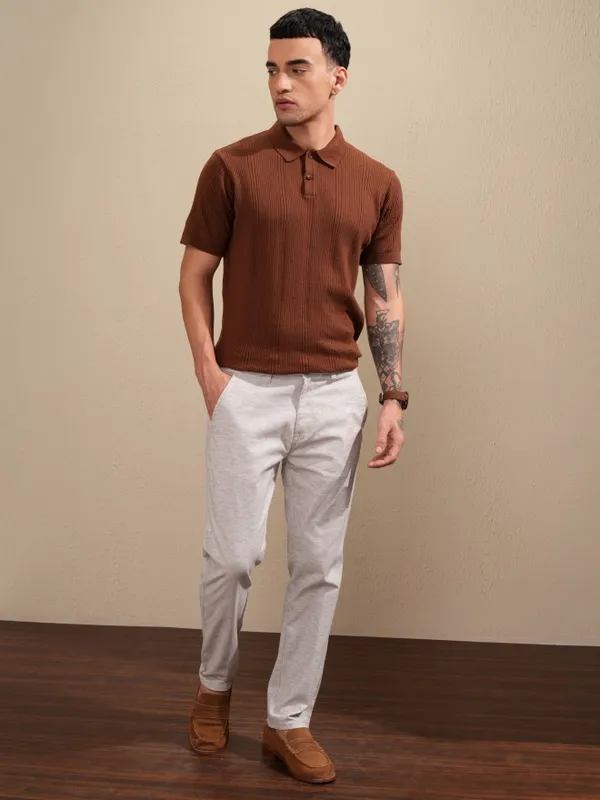 Highlander Men Brown Self Design Polo Collar T-Shirt