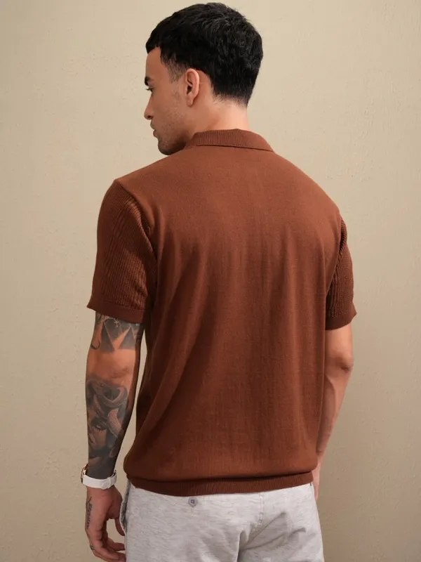 Highlander Men Brown Self Design Polo Collar T-Shirt