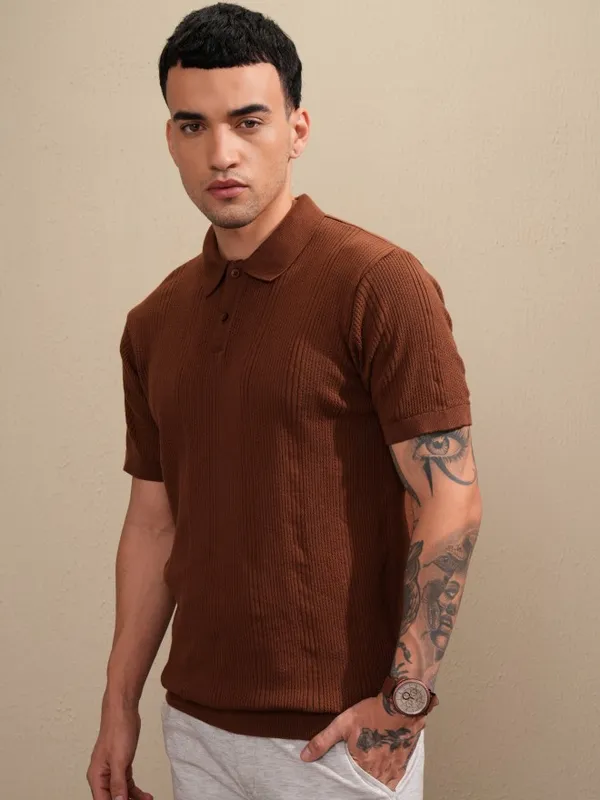 Highlander Men Brown Self Design Polo Collar T-Shirt