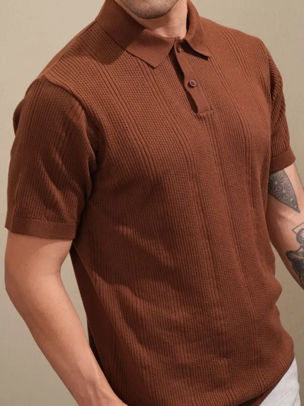 Highlander Men Brown Self Design Polo Collar T-Shirt