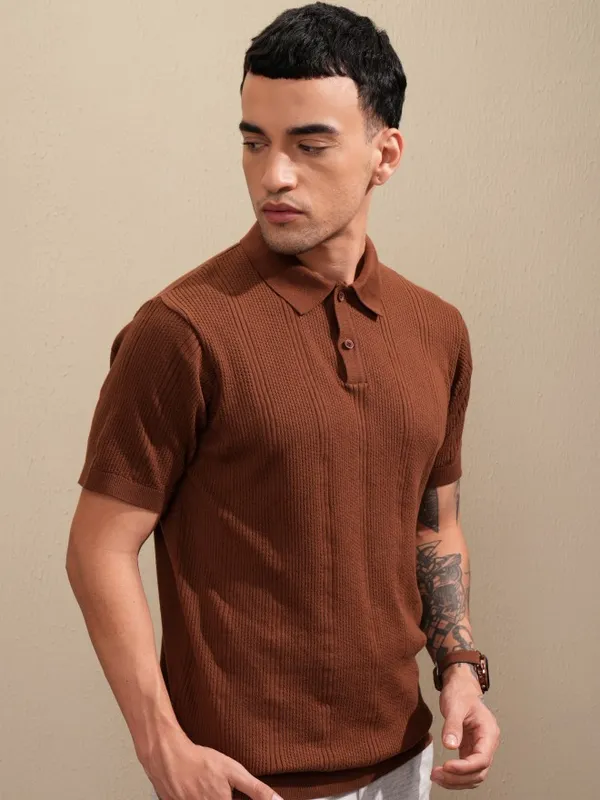 Highlander Men Brown Self Design Polo Collar T-Shirt