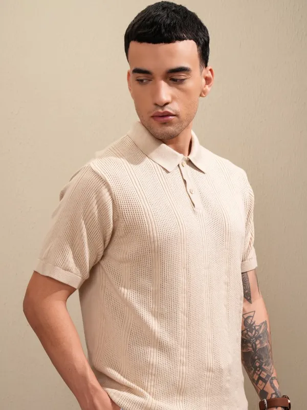 Highlander Men Beige Self Design Polo Collar T-Shirt