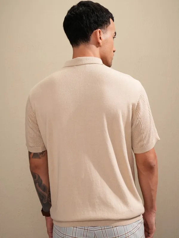 Highlander Men Beige Self Design Polo Collar T-Shirt