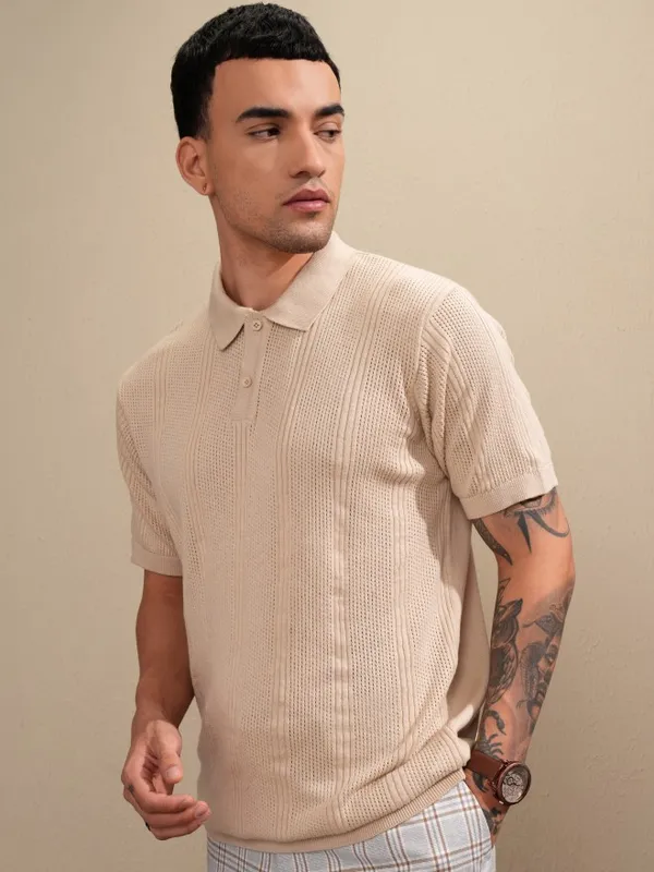 Highlander Men Beige Self Design Polo Collar T-Shirt