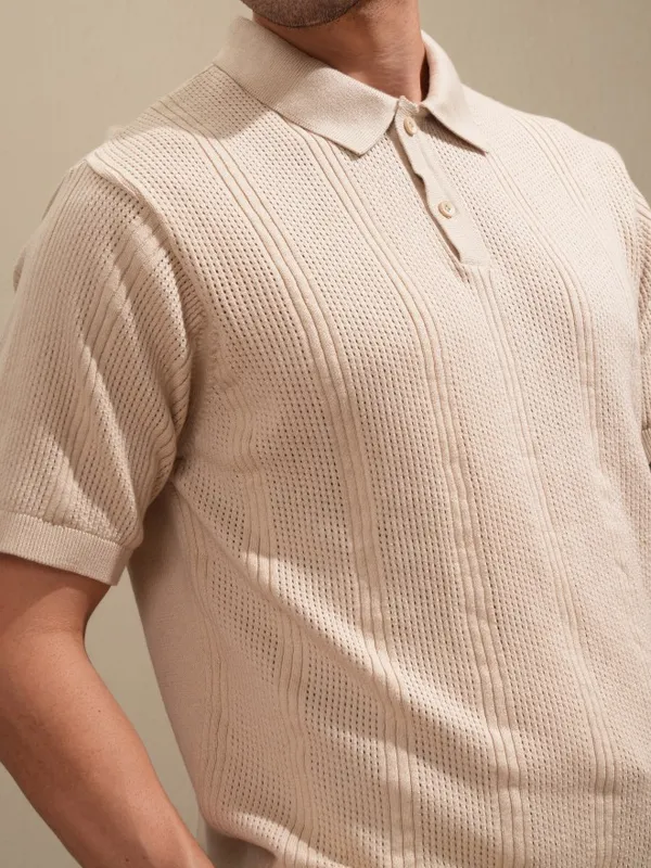 Highlander Men Beige Self Design Polo Collar T-Shirt