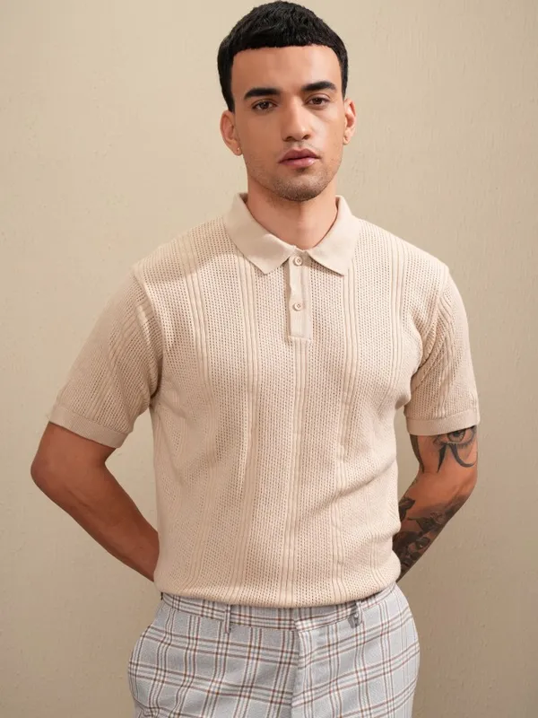 Highlander Men Beige Self Design Polo Collar T-Shirt