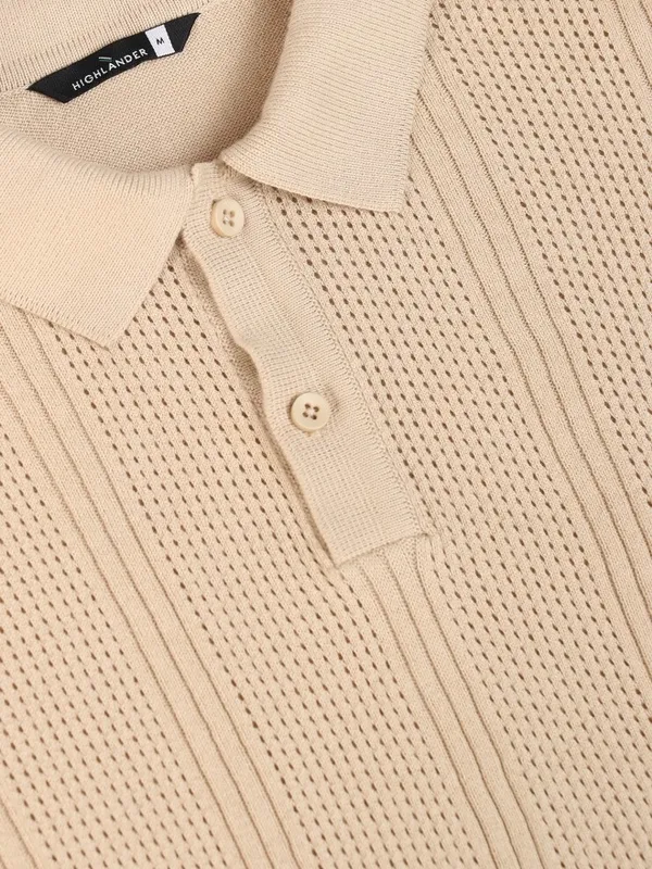 Highlander Men Beige Self Design Polo Collar T-Shirt