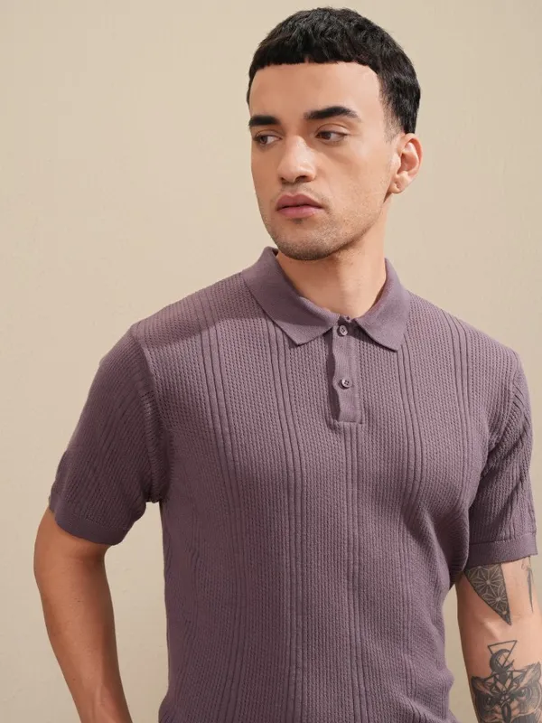 Highlander Men Purple Self Design Polo Collar T-Shirt