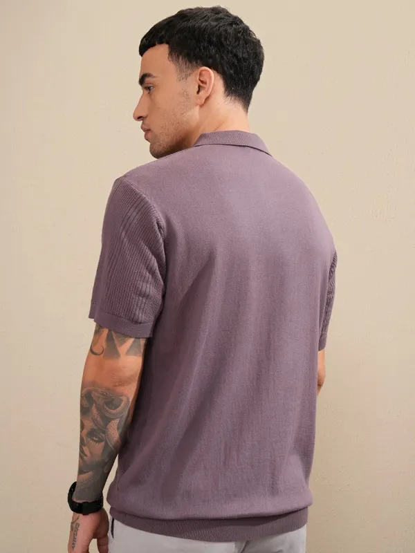 Highlander Men Purple Self Design Polo Collar T-Shirt
