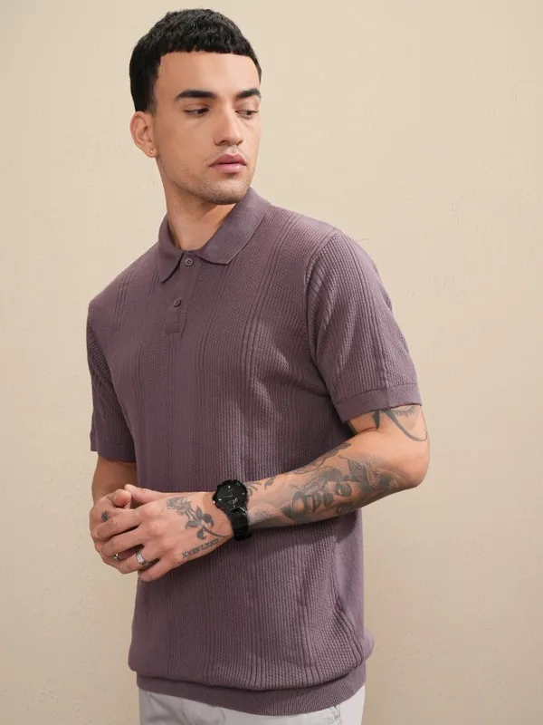 Highlander Men Purple Self Design Polo Collar T-Shirt