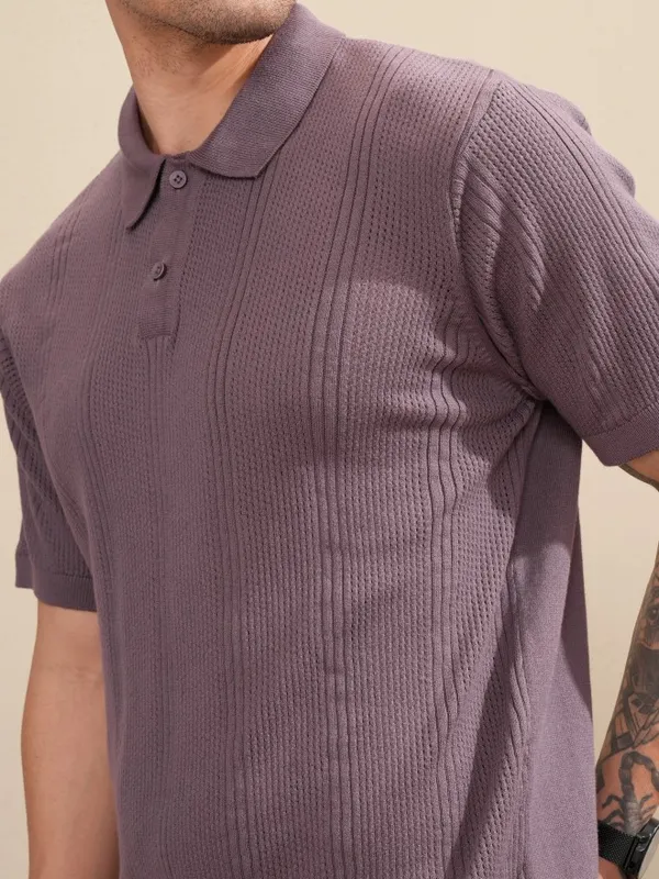 Highlander Men Purple Self Design Polo Collar T-Shirt