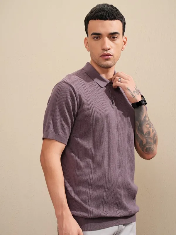 Highlander Men Purple Self Design Polo Collar T-Shirt