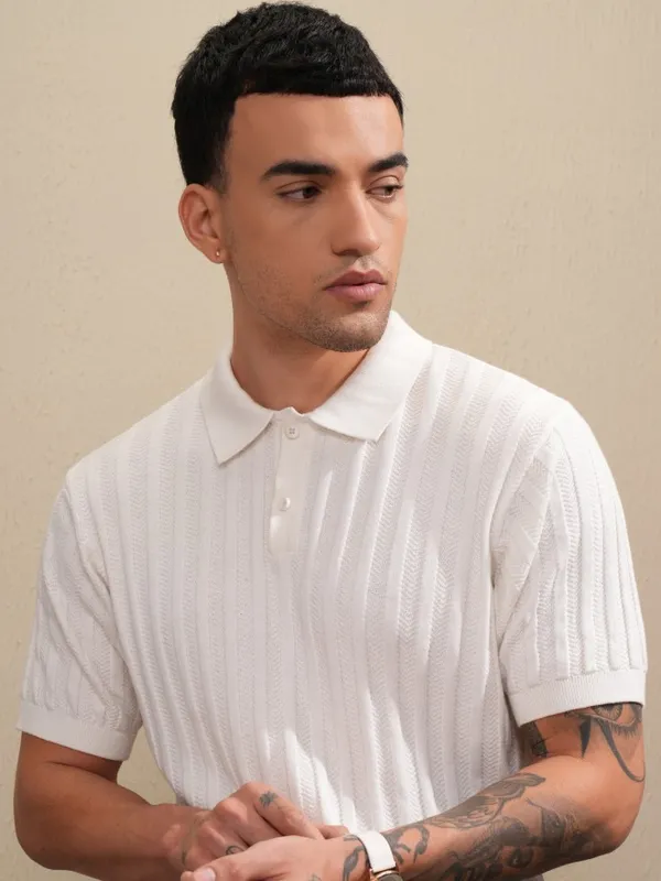 Highlander Men Off White Self Design Polo Collar T-Shirt