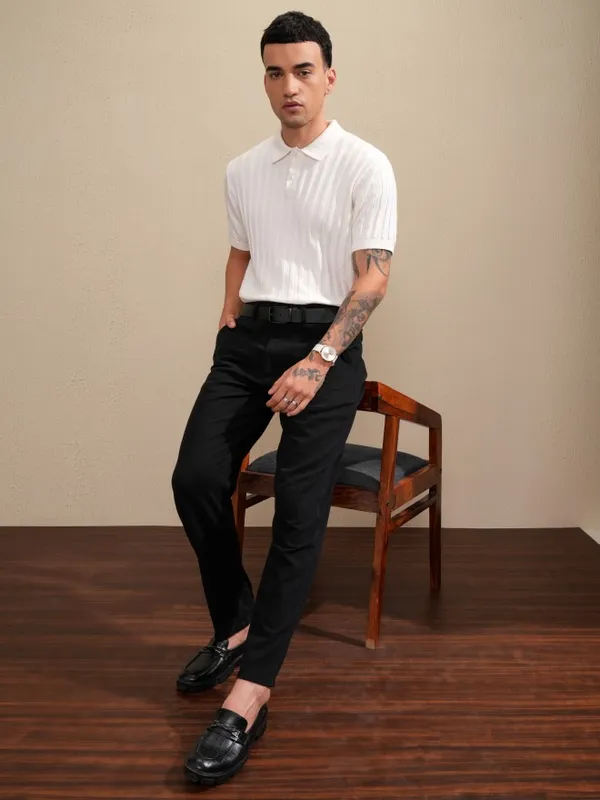 Highlander Men Off White Self Design Polo Collar T-Shirt