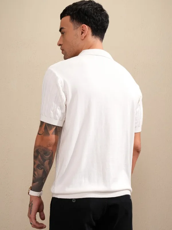 Highlander Men Off White Self Design Polo Collar T-Shirt