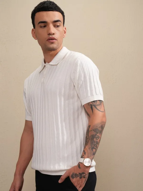 Highlander Men Off White Self Design Polo Collar T-Shirt