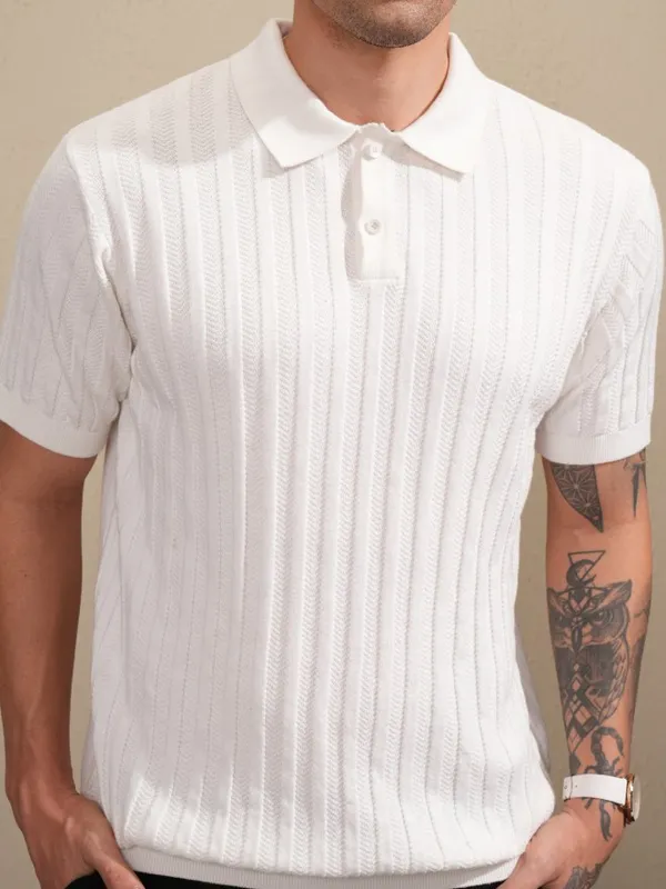 Highlander Men Off White Self Design Polo Collar T-Shirt