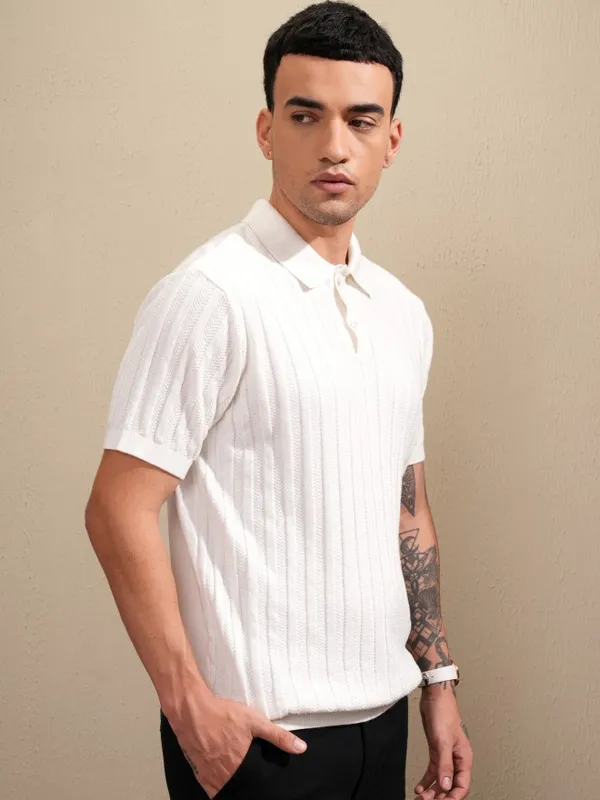 Highlander Men Off White Self Design Polo Collar T-Shirt