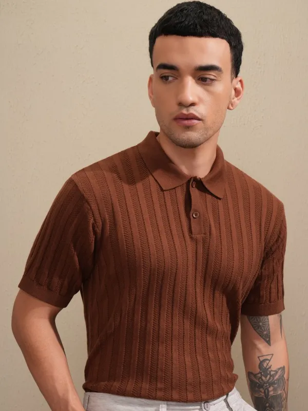 Highlander Men Brown Self Design Polo Collar T-Shirt