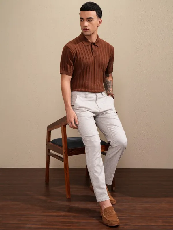 Highlander Men Brown Self Design Polo Collar T-Shirt