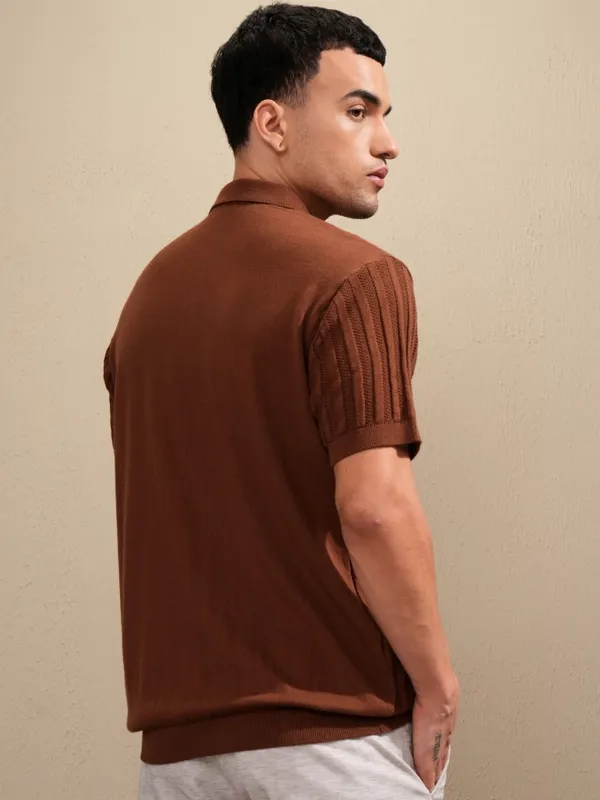 Highlander Men Brown Self Design Polo Collar T-Shirt