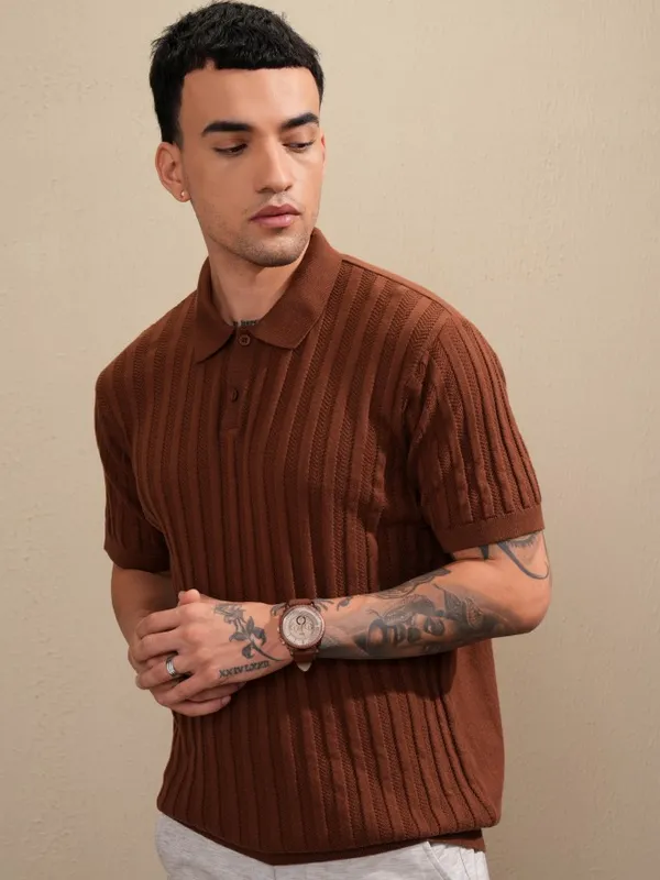 Highlander Men Brown Self Design Polo Collar T-Shirt